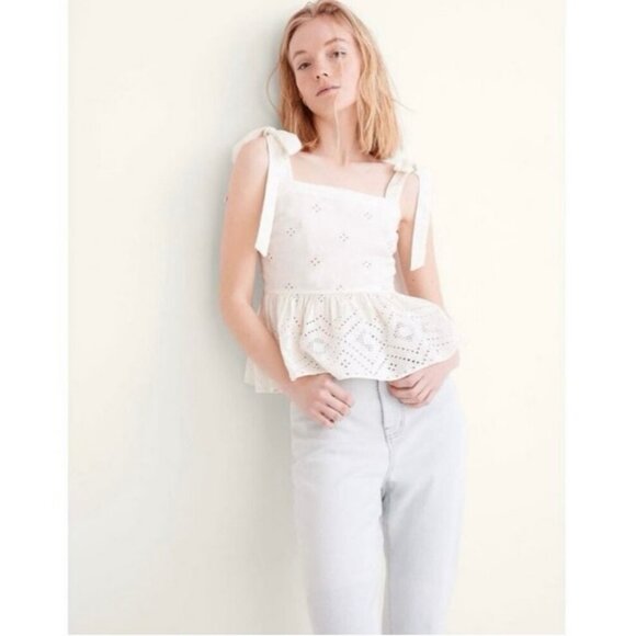 Madewell Rosalie White Tie-Strap Geometric Eyelet Peplum Top Women’s Large - Picture 1 of 8
